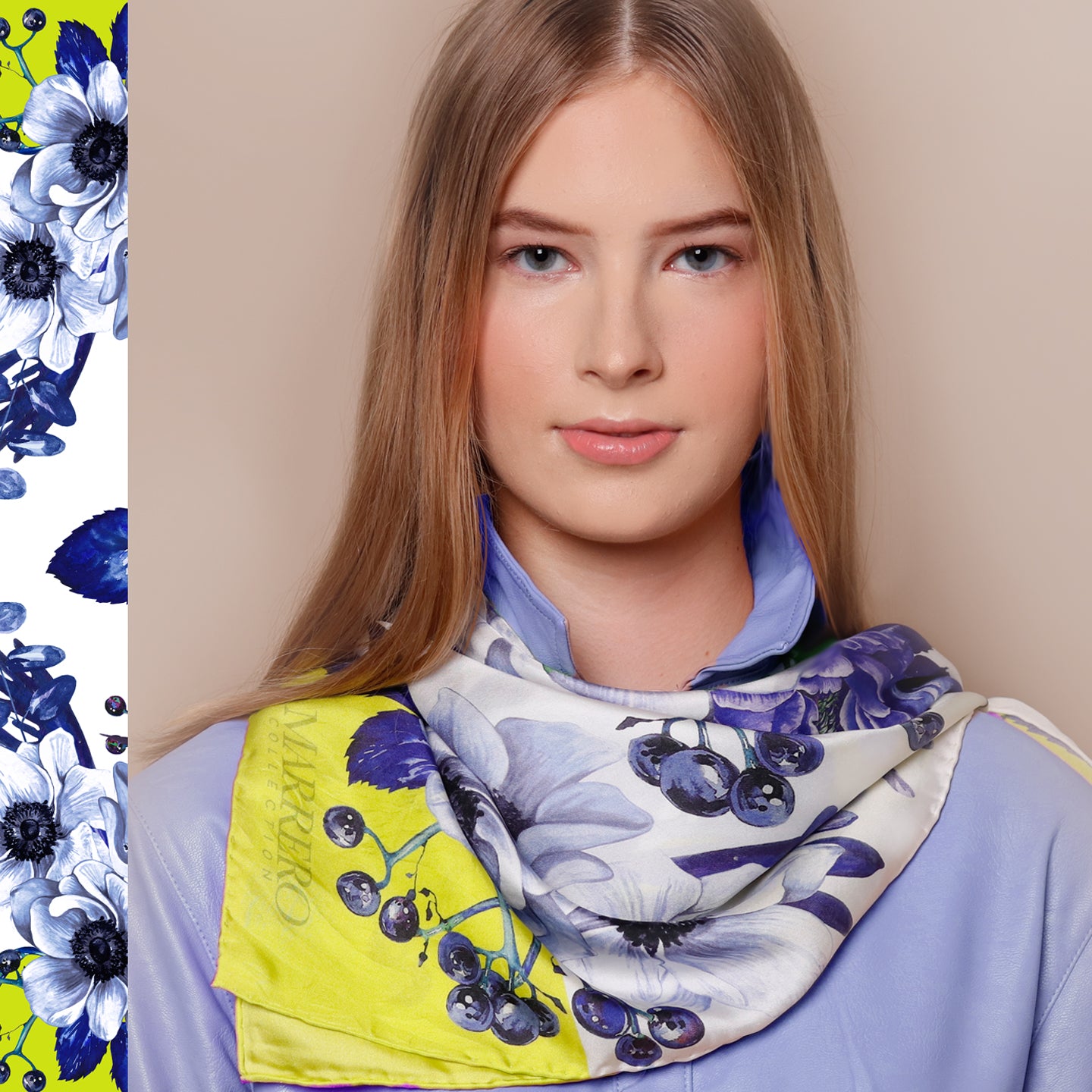 Chartreuse and blue flowers Square Silk Scarf