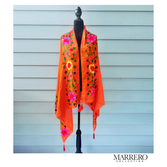 Burnt Orange Floral Embroidered Shawl