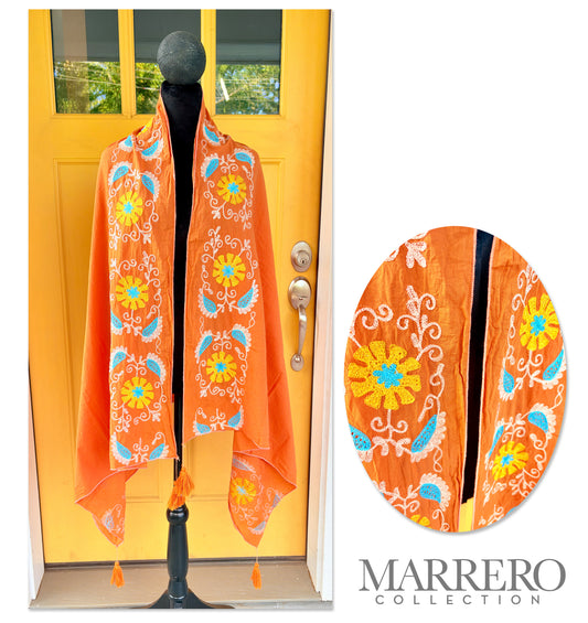 Orange Floral Embroidered Shawl