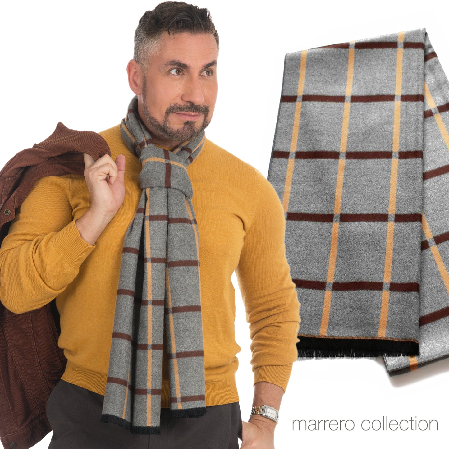 Men's Scarf - Mustard, Brown checkered on heather gray