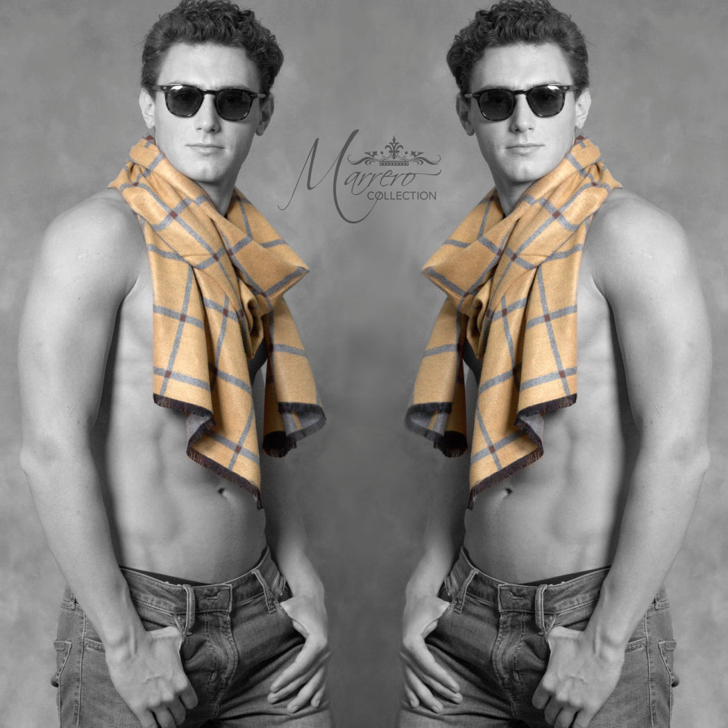 Men's Scarf - Mustard, Brown checkered on heather gray