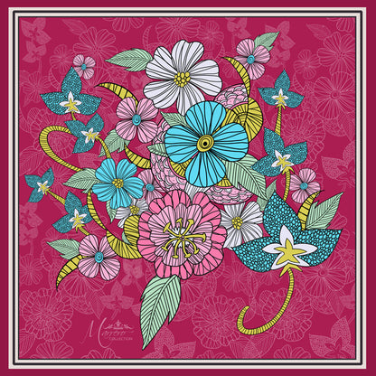 Marrero Collection Boho Chic Berry Flowers Square Silk Scarf